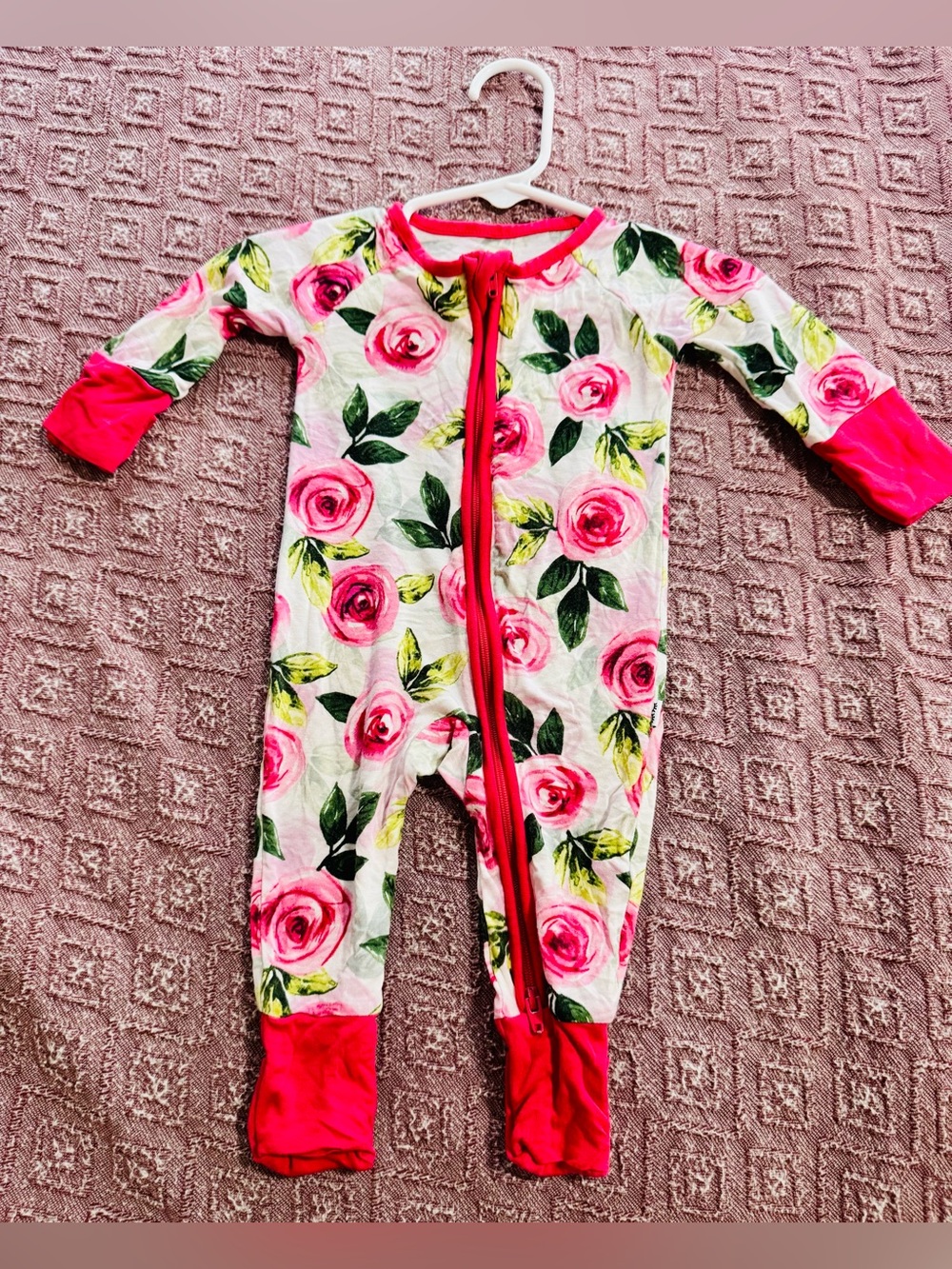 Newborn Little Sleepies White Floral One-Piece with Pink Trim